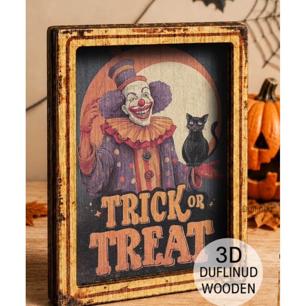 Halloween Clown Black Cat Wooden Creepy Magnet Vintage style